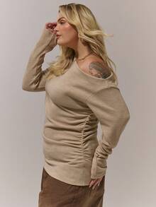 MUSERA Plus Long Sleeve Off The Shoulder Textured Plus Size Top Cosy, , Autum, Cute, Everyday Spring Summer Holiday - Camel - View 3
