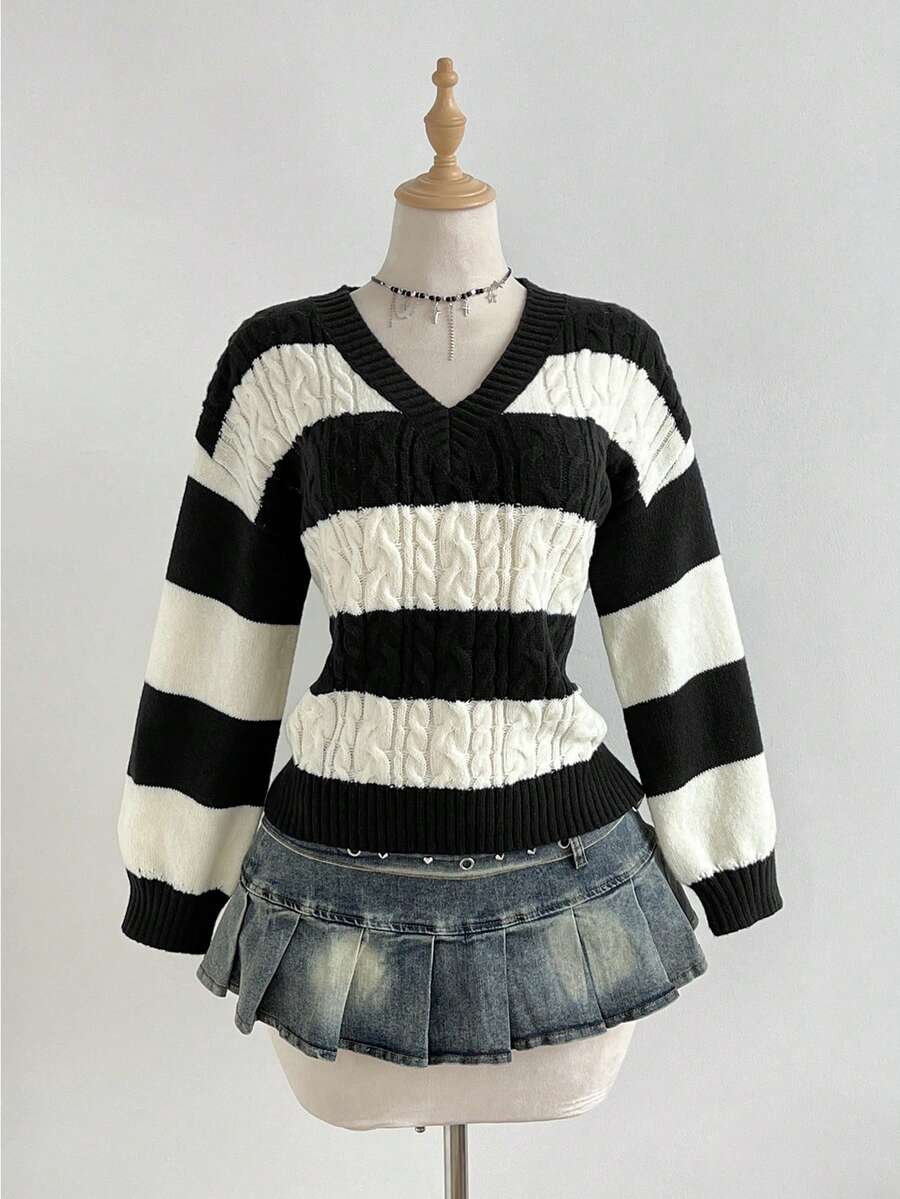 Elamini 女士休闲V领条纹灯笼袖针织衫，多色可选，适合秋冬季穿着 - 黑與白 - 查看 1