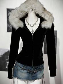 SHEIN ICON Áo khoác trùm đầu dáng ôm in họa tiết cánh phong cách Punk Gothic cổ điển, phong cách Y2K, thích hợp mặc khi đi chơi và đi sân bay - màu đen - Xem 2