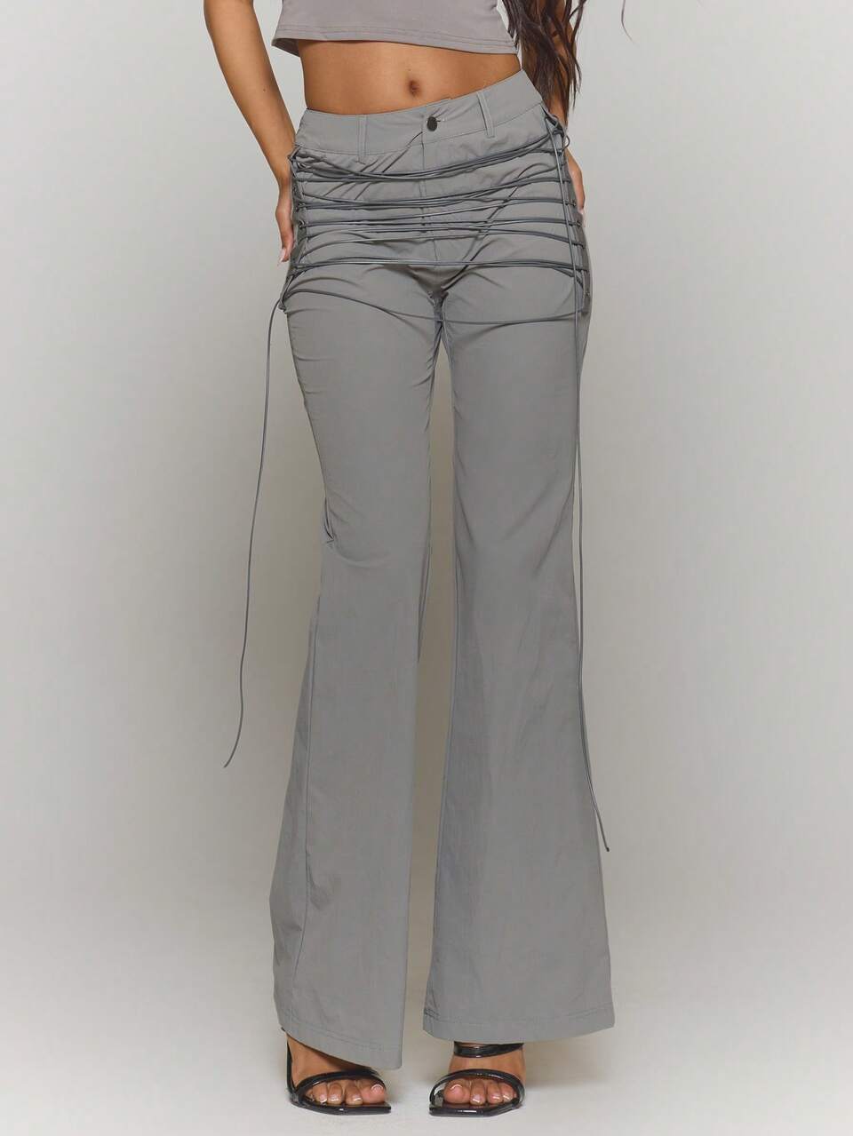 Extreme Lace Up Eyelet Side Strap Detail Fitted Flare Trousers Only Fall Autumn  Streetwear Cool Night Out Everyday Sexy Summer