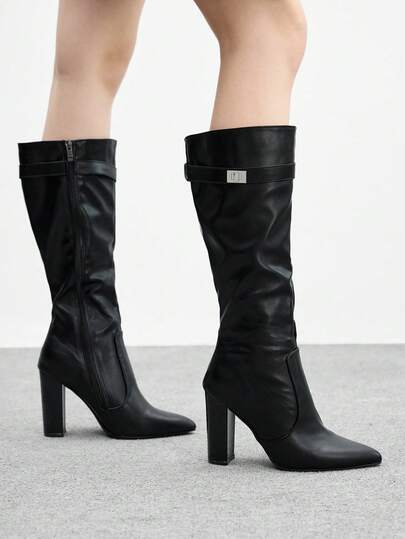 CUCCOO BIZCHIC High-Quality Autumn/Winter Buckle Commuter Black Knee-High Boots, Pointed Toe Chunky Heel Elegant Women's Boots, Fashionable Versatile New Style Long Boots, Showcasing Feminine Charm And Elegant