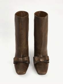 CUCCOO CHICEST 女士复古做旧仿皮踝靴，饰有蝴蝶结，方头设计，粗跟，优雅、甜美、浪漫、时尚、舒适，适合下午茶、约会、派对、办公、假日、圣诞节、感恩节、新年等场合，百搭实用。 - 橄欖綠 - 查看 9