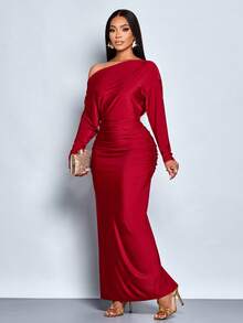 SOLERSUN Đầm ôm body tay dài cổ lệch thanh lịch dành cho nữ, thích hợp cho tiệc Giáng sinh, nghỉ dưỡng và hẹn hò - Màu Đỏ Sâu - Xem 5