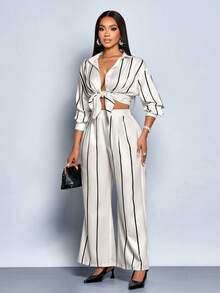 SOLERSUN Conjunto de Duas Peças de Roupas Femininas para o Outono e Inverno, Ideal para Uso Diário e Passeios Diurnos, Composto por Camisa de Mangas Longas com Estampa de Listras em Tons de Laranja Claro e Preto, Corte Solto, Pregas, Botões e Bainha Curva, e Calça de Perna Reta com Cintura Elástica. - Damasco - Visão 3