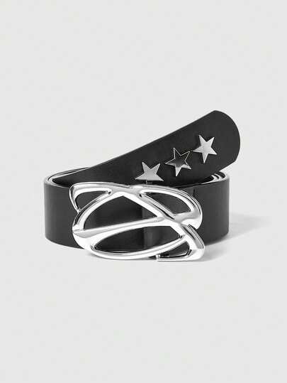 ROMWE Grunge Punk Street 1pc Personalized Black Pu Leather Belt With Star Decoration And Saturn Buckle Halloween Summer, School Fall, Autumn, Halloween