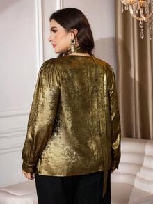 Modelyn Metallic Tie-Neck V-Neck Blouse For Women, Retro Puff Sleeve Niche Design Glossy Elegant Plus Size Top - Gold - View 2