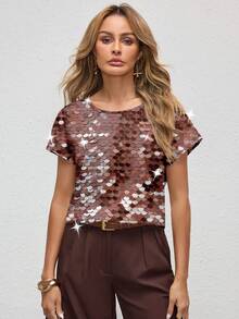 Shutterstock Glamance 棕色亮片休闲简约女式圆领衬衫，闪亮派对上衣，新年亮片女式金属闪光上衣 - 彩色 - 查看 3