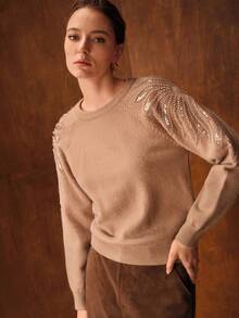 MOTF PREMIUM SEQUINS BEADED FLORAL KNIT RAGLAN SLEEVE SWEATER - Khaki - View 8