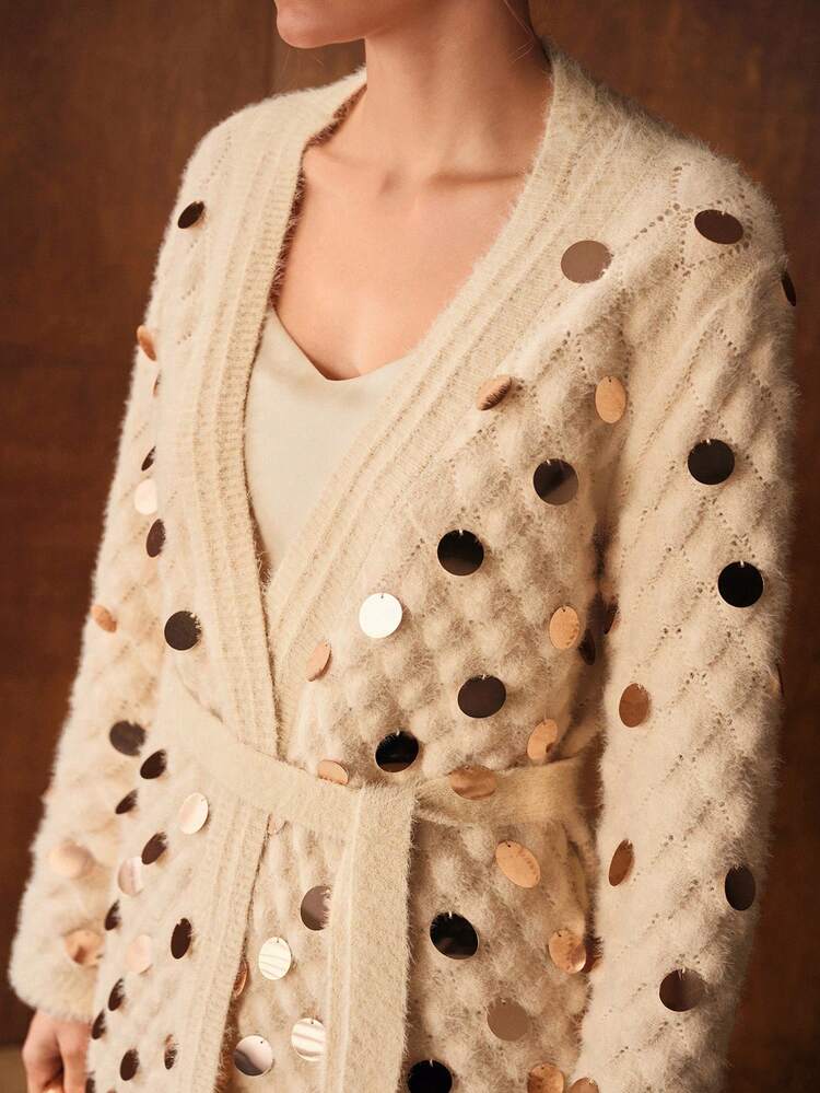 SEQUIN TEXTURE KNIT BELTED CARDIGAN