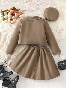Elladie kids 两件套女童优雅套装：翻领双排扣大衣，下摆呈喇叭形并饰有蝴蝶结，搭配贝雷帽，冬季款 - 棕色 - 查看 2