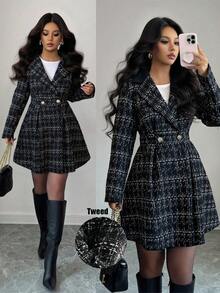 SHEIN Elenzya Women's Elegant A-Line Cinched Waist Commuter Jacket, Suitable For Work And Everyday Wear - Black - View 1