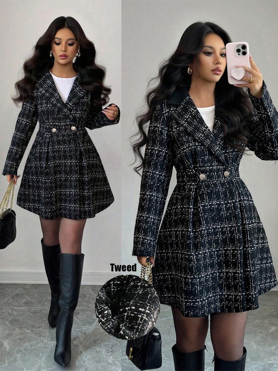 SHEIN Elenzya Women's Elegant A-Line Cinched Waist Commuter Jacket, Suitable For Work And Everyday Wear - Black - View 1