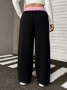 Muchica 大码女式抽绳腰部字母印花口袋宽松运动裤，黑色 - 黑色 - 查看 2