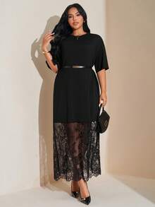 SHEIN Tall CURVE 大码纯色宽松休闲短袖T恤和蕾丝连衣裙，时尚外出和通勤 - 黑色 - 查看 4