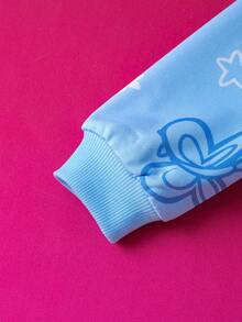 THE POWERPUFF GIRLS X SHEIN Young Girl Cute Blossom, Bubbles, Buttercup Pattern Butterfly Graphic Drop Shoulder Long Sleeve Hooded Knit Casual Sweatshirt, Blue - Blue - View 7