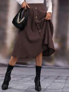 SHEIN LUNE 纯色纽扣装饰休闲高腰时尚半身裙 - 咖啡棕 - 查看 6