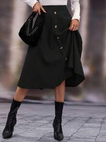 SHEIN LUNE Chân váy chữ A đa năng, thiết kế tối giản, cài nút phía trước, viền bèo nhún, màu trơn - màu đen - Xem 4