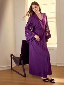 MOTF PREMIUM ELEGANT CONTRAST LACE CAMI DRESS & ROBE PAJAMA SET - Purple - View 5