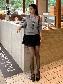 DAZY Sweater Rajut 2 in 1 Kasual Longgar Elegan dengan Hiasan Pita untuk Wanita, Musim Gugur/Dingin - Grey - View 7