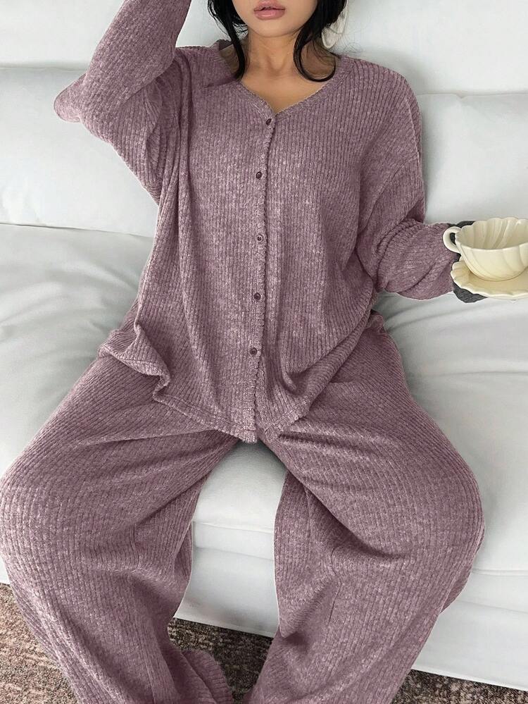 Dazy Plus 两件套加大码女式加厚抓绒V领宽松上衣和裤子睡衣套装，秋冬季时尚家居服 - 淡紫色 - 查看 5