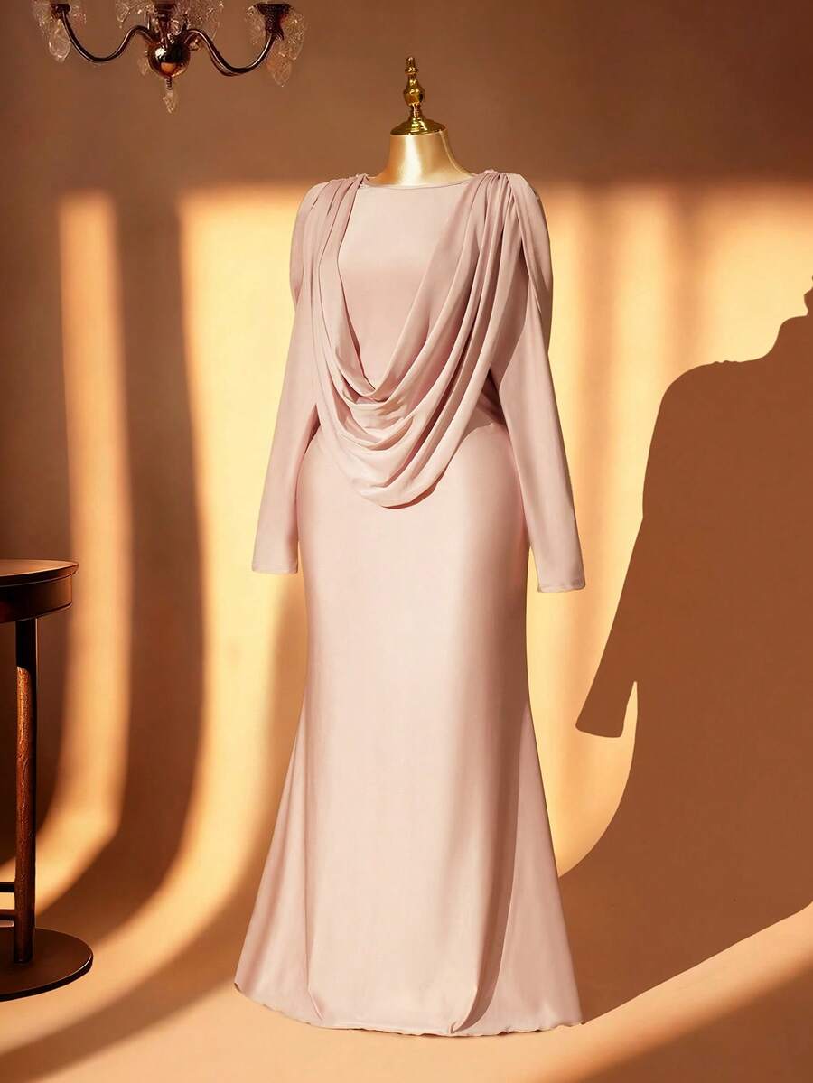 Rometta Plus Size Women Elegant Round Neck Banquet Draping Shoulder Formal Gown, Ruched Design Fitted Mermaid Dress - Pink - View 1