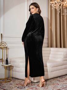 Modelyn Elegant Velvet Applique Decor Long Sleeve Fitted Regular Plus Size Dress, Spring/Autumn - Black - View 2