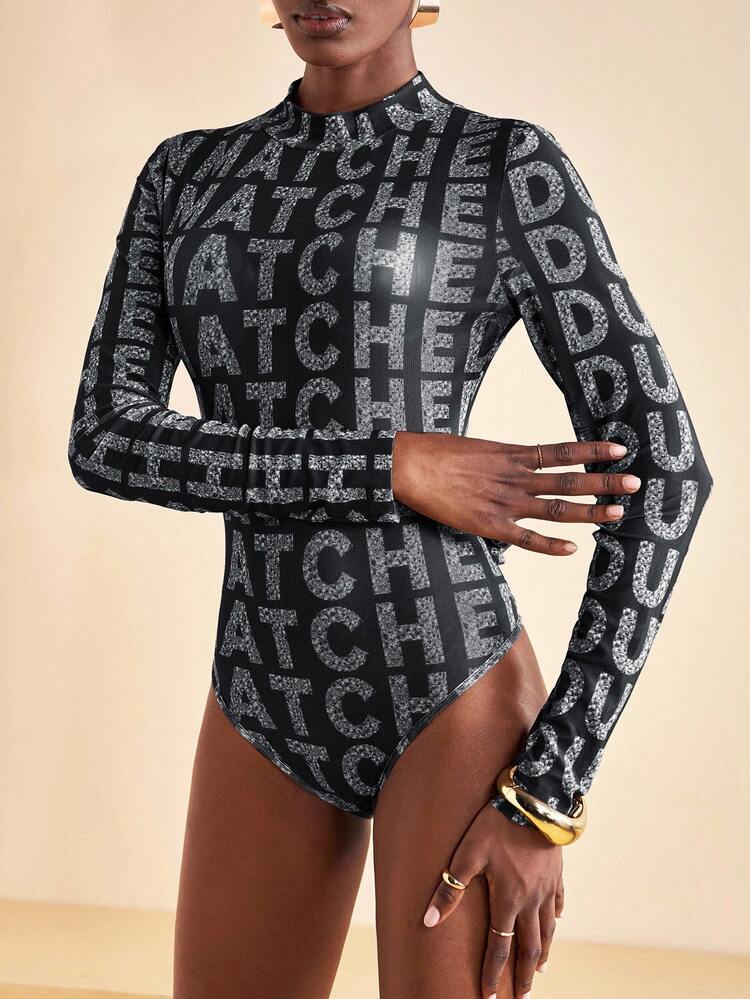 Zivah 2025 Autumn New Arrival Basic Casual Bodysuit With Long Sleeve Tight Mesh Print And Matching Long Pleated Skirt Set, Brown Base With Silver White Letter Print, Suitable For Birthday Party, Banquet, Back To School, Daily Wear, Cruise Travel, Elegant, Commuting, Business Casual,Fall,Fall Clothes For Women,Women's Winter Clothes - Black and White - View 4