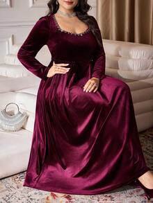 Modelyn 优雅丝绒水钻装饰方领长袖荷叶边A字连衣裙，尺码齐全，适合春秋季穿着。 - 酒紅色 - 查看 1