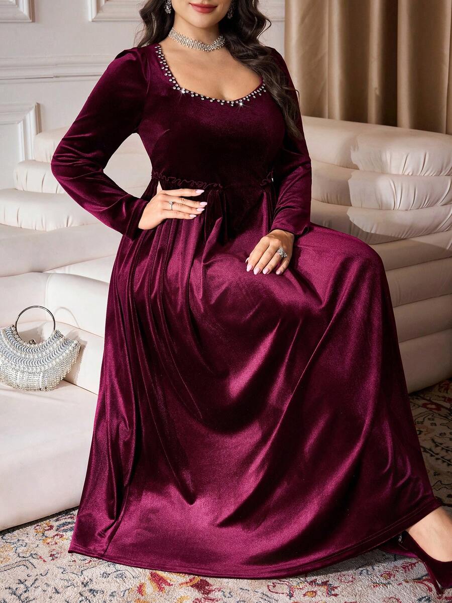 Modelyn 优雅丝绒水钻装饰方领长袖荷叶边A字连衣裙，尺码齐全，适合春秋季穿着。 - 酒紅色 - 查看 1
