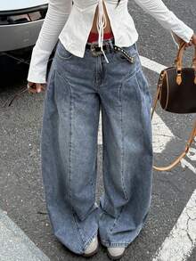 DAZY Quần jeans ống rộng cạp cao phong cách thường ngày Y2k dành cho nữ mùa thu - Màu xanh lam - Xem 3
