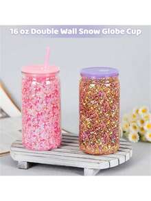 8 Pack 16 Oz Double Wall Snow Globe Tumblers, DIY Glitter Mason Jar Cups With Lid, Straw & Silicone Stopper - Handwash, BPA & PVC Free, Lightweight Plastic Water Bottles For Halloween & Thanksgiving - Multicolor - View 7