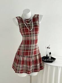 Elamini Váy ngắn kẻ caro chải kiểu cổ điển thời sinh viên - Đỏ - Xem 4