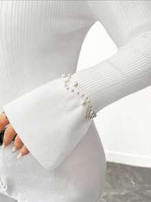 Elenzga Plus Size Women Elegant Beaded French Flare Sleeve Knit Pullover