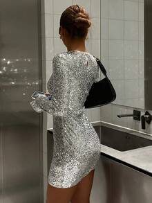 Livesso Shiny Sequin Silver New Year Christmas Wedding Party Banquet Formal Dress, Fashion Party Flare Sleeve Split Hem Mini Dress For Women Carnival - Silver - View 5