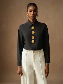 Vesra Camisa de manga larga con botones y estampado floral de unicolor para mujer