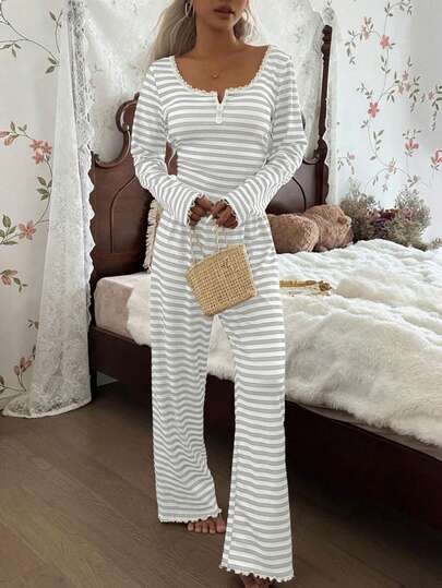 ZzzCrew Kanten Square Collar Button Gestreepte Print Long Sleeve Curve Pyjama Set Fall Clothes view 5