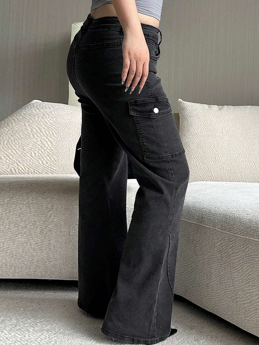 Dazy Plus Plus Size Women Dark Wash Stretchy Skinny Flare Jeans, Autumn - Black - View 1