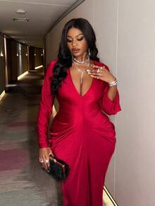 Slaydiva Váy đầm nữ cỡ lớn thu đông 2025, đầm cocktail ôm sát tay dài cổ chữ V thanh lịch, thích hợp cho buổi hòa nhạc nhạc đồng quê, khách dự tiệc cưới, đêm hẹn hò, ngày lễ tình nhân, tiệc trang trọng - Đỏ - Xem 6