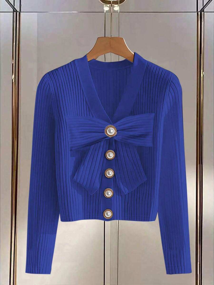GlowEve 休闲纯色长袖短款女式T恤 - 藍色 - 查看 1