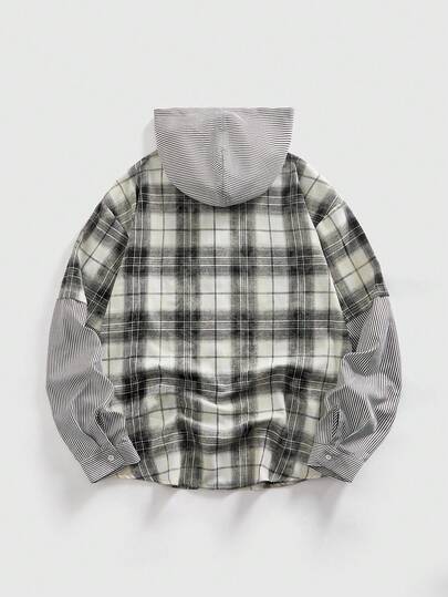 Street Life Veste à capuche décontractée à manches longues, à motif de lettres et à carreaux, à simple boutonnage pour hommes