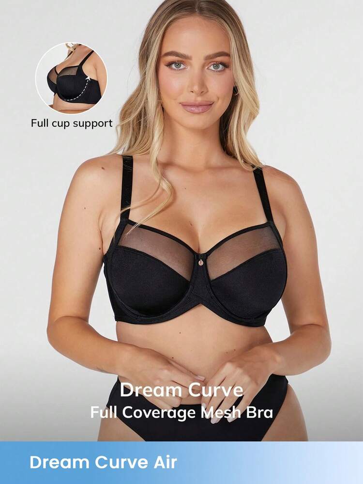 Black Unlined Full Coverage Side Support Mesh Sheer Basic Breezy Comfort Minimizer Bra