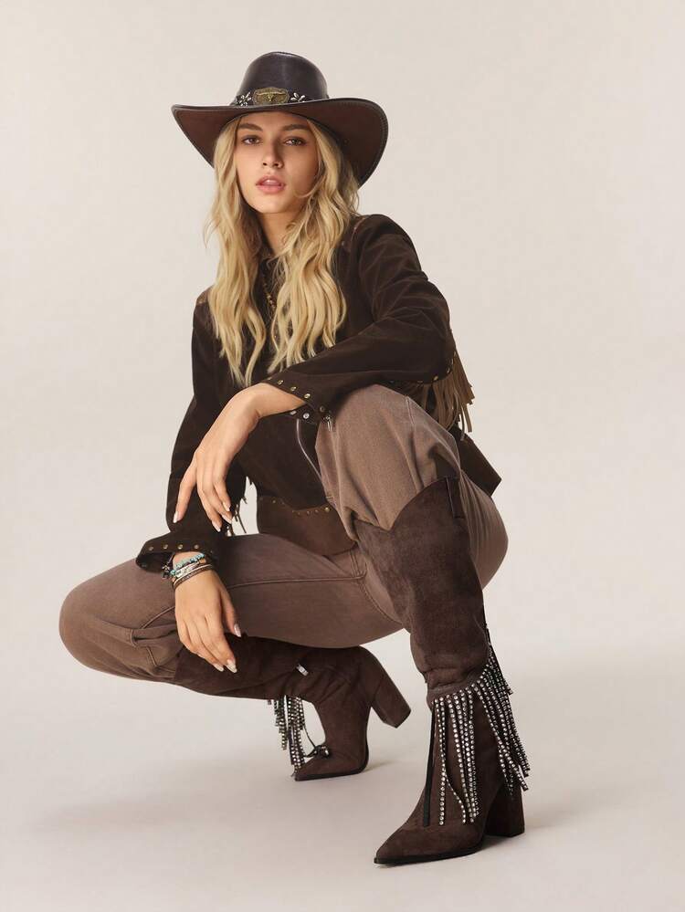 Styleloop Women's Sparkling Rhinestone Tassel Black Warm Western Style Cowboy Boots, Suitable For Halloween, Christmas, Party Outfits - Coffee Brown - View 5