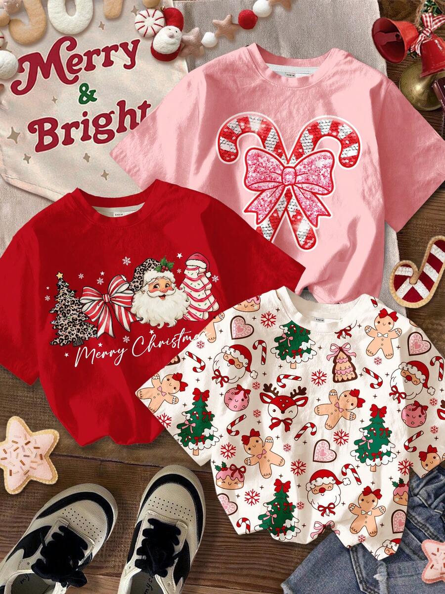 SHEIN 3pcs/Set Young Girl Casual Red,Summer,Satin Short Sleeve Round Neck T-Shirts,Christmas Santa Hat,Reindeer,Tree,Candy Cane Bow,Snowflake Prints,Daily - Multicolor - View 1