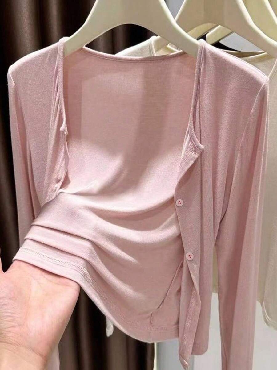 INAWLY Damska, swobodna, jednokolorowa, lekka kurtka z długim rękawem - Brudny różowy - Zobacz 1