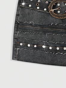 ROMWE Grunge Punk Grunge朋克铆钉做旧复古牛仔半身裙，配腰带，大码 - 鏽棕色 - 查看 4