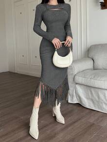 Feyla Damen Einfarbiges minimalistisches Langarmkleid, lässiger Alltagskleidung