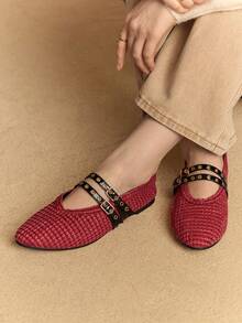 Rosivie 2025 Handwoven Niche Fashion Shoes, New Arrival Double Buckle Strap Ballet Flats For Women - Red - View 9