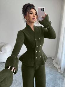 Elenzga Bộ 2 món: Áo khoác cardigan cổ đứng tay loe thắt eo thanh lịch dành cho người đi làm thường ngày màu xanh lam & áo len dệt kim ống đứng, Thu/Đông - màu xanh lá - Xem 5