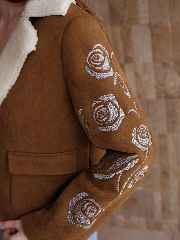 WOMEN'S FLORAL EMBROIDERED FAUX FUR TRIM CARDIGAN JACKET