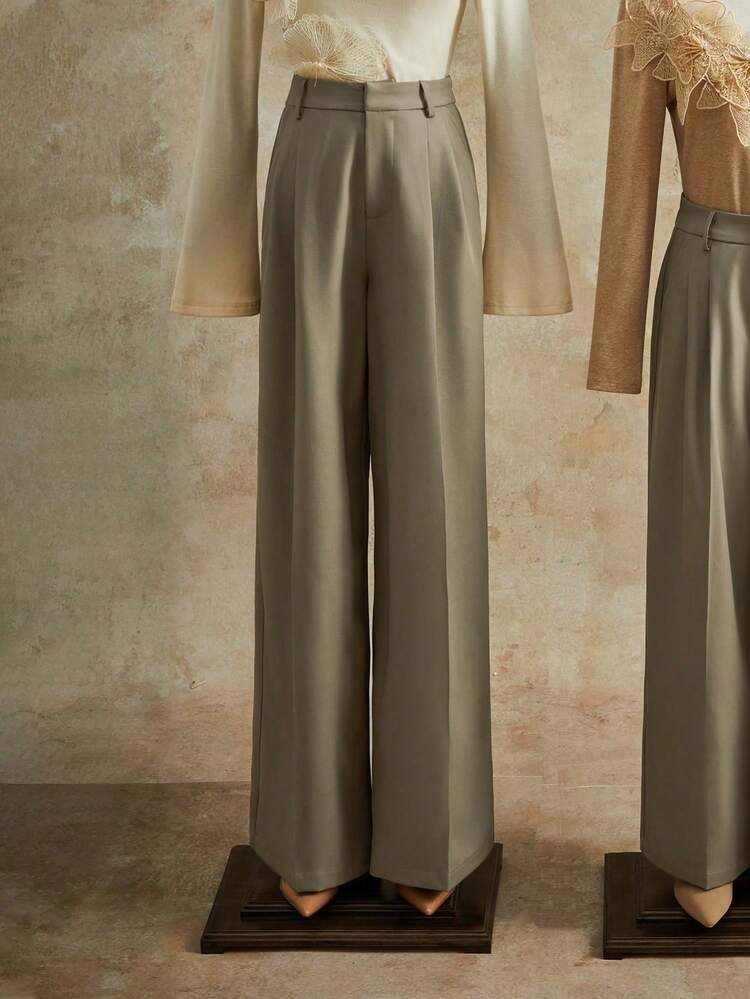 Elegant High-Waisted Pleated Design Women's Suit Pants, Solid Color Straight Leg Trousers, Suitable For Commuting, Fall, Winter, New Year, Party, Wedding, Elegant, Chic, Stylish, Business Casual